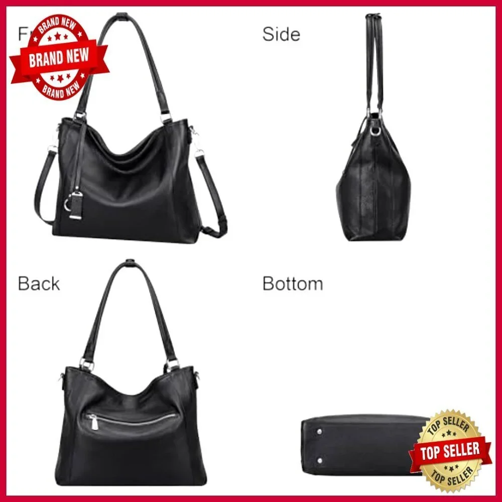 Large Genuine Leather Hobo Shoulder Bag with Detachable Crossbody Strap